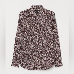 H&M Shirt Mens Medium Brown White Floral Cotton Slim Fit Classic
